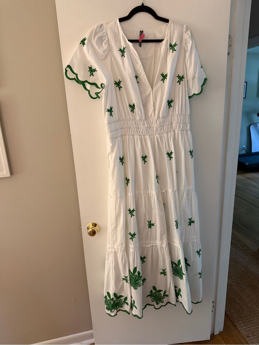 Anthropologie White Maxi Dress with Green Embroidery